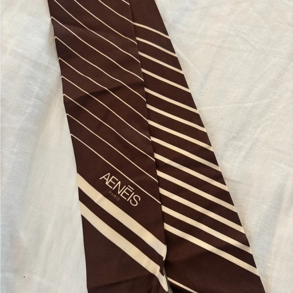 Aenēis Silk Bandeau Scarf Brown White Diagonal Stripe